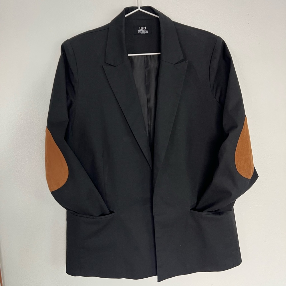 Wildfang x Lucca Women’s Black Blazer w/ Brown Elbow Pads Size Large